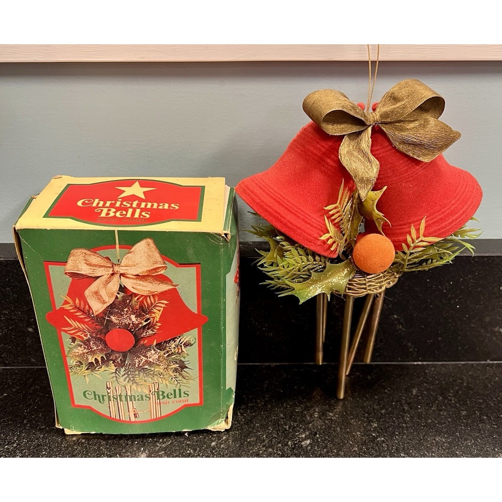 Vintage Red Flocked Christmas Bells Wind Chimes 1973 Hong Kong‎ Ornament